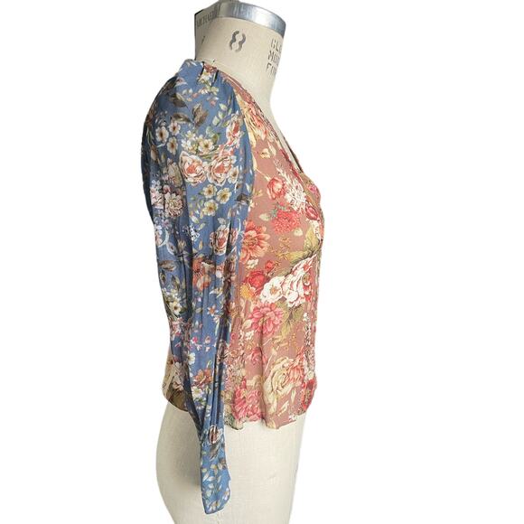 Zara Multicolor Floral Puff Sleeve Button Down V-neck Blouse Size XS X-Small - Picture 2 of 5